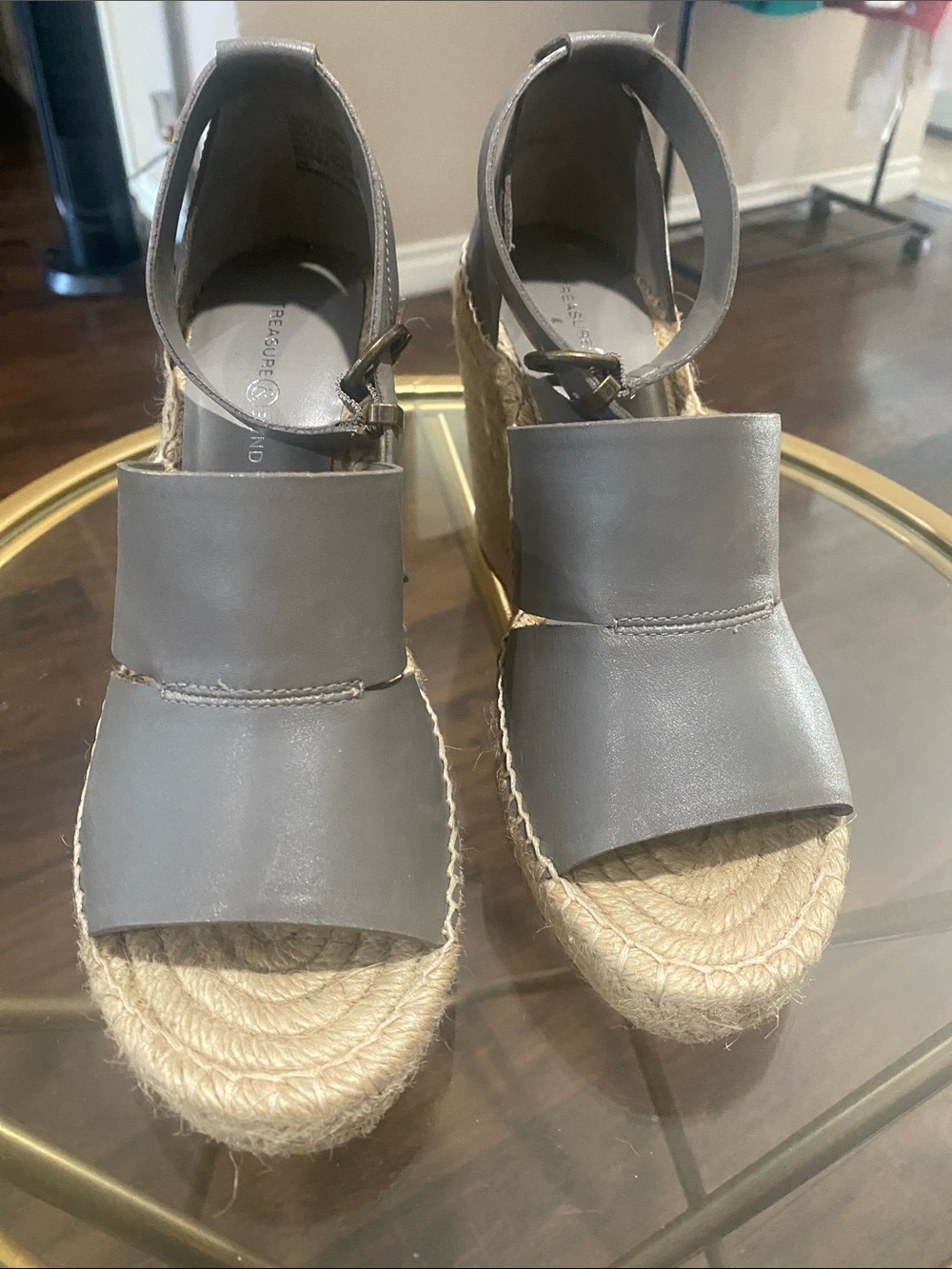 Treasure & Bond Taupe Leather Espadrille Wedge Sandals with Ankle Strap